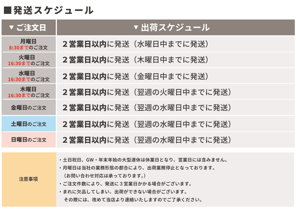 営業日・発送日についてのご案内